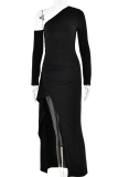 Robes de robe irrégulières à col oblique à ouverture haute et dos nu en patchwork solide noir sexy