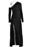 Vestido irregular de cuello oblicuo de apertura alta sin espalda de patchwork sólido sexy negro Vestidos