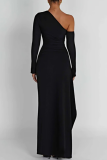 ブラックセクシーなソリッドパッチワークバックレス高開口部斜め襟不規則なドレスドレス