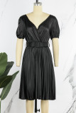 Red Casual Solid Patchwork With Belt V Neck Pleated Short Sleeve Dress