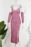 Розово-красное сексуальное однотонное открытое прозрачное платье с открытой спиной и разрезом на бретелях с U-образным вырезом (с рукавами)