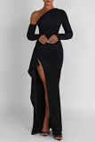 Schwarze, sexy, solide, rückenfreie Patchwork-Kleider mit hoher Öffnung, schrägem Kragen und unregelmäßigem Kleid