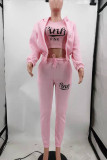Pink Fashion Casual Letter Print Cardigan Vests Pants Hooded Collar Long Sleeve Three-piece Set