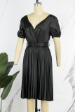 Red Casual Solid Patchwork With Belt V Neck Pleated Short Sleeve Dress