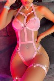 Roze sexy stevige uitgeholde patchwork doorzichtige kettingen backless lingerie