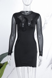 Svarta sexiga solida patchwork genomskinliga långärmade klänningar med o-hals