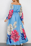 azul vintage elegante estampado floral patchwork sin espalda fuera del hombro manga larga dos piezas