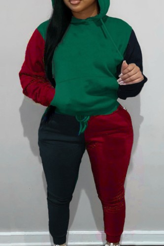 Green Casual Letter Print Long Sleeve Hooded Collar Sweatshirt And Pants Sportwear Plus Size Two Piece Jogger Set