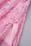 Roze sexy effen pailletten ontwerp met hoge opening, spaghettibandjes, onregelmatige jurkjurken