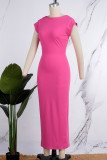 Black Casual Solid Patchwork Slit O Neck One Step Skirt Short Sleeve Dress