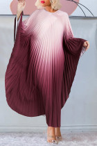 Bordeaux casual geleidelijke verandering print geplooide O-hals lange jurk jurken