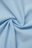 Blusas com decote O em patchwork sólido azul celeste