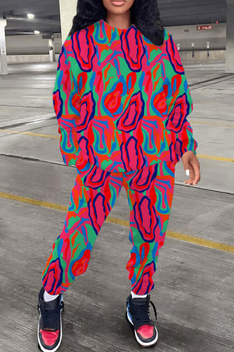 Rose Red Casual Graphcis Print Long Sleeve Hooded Collar Sweatshirt And Pants Sportwear Plus Size Two Piece Jogger Set