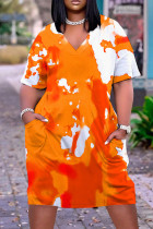 Oranje casual print patchwork jurk met V-hals en korte mouwen