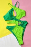 Groene sexy patchwork uitgeholde rugloze contrasterende badkleding (met vulling)