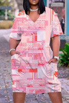 Vestido manga curta rosa claro com estampa casual patchwork decote em V