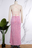 Rosa sexiga solida paljetter Hög öppningsrem Design Spaghetti Strap Oregelbunden klänning Klänningar