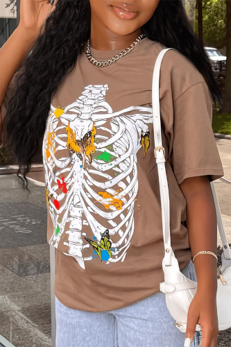 Coffee Street Print Skull Patchwork O Neck T-Shirts