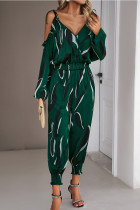 Groene elegante gestreepte patchwork jumpsuits met V-hals