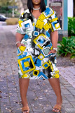 Blauwgele casual print patchwork jurk met V-hals en korte mouwen