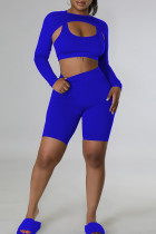 Blue Sexy Solid Patchwork Backless U Neck Long Sleeve Three Pieces