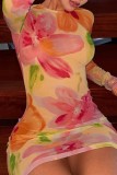 Vestidos de manga larga con cuello en O básico con estampado informal multicolor