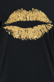 Camisetas con cuello en O de patchwork con estampado de labios vintage negros