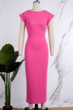 Black Casual Solid Patchwork Slit O Neck One Step Skirt Short Sleeve Dress