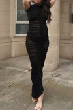 Svarta Elegant Solid Patchwork Genomskinlig Vik Half A Turtleneck inslagna kjolklänningar