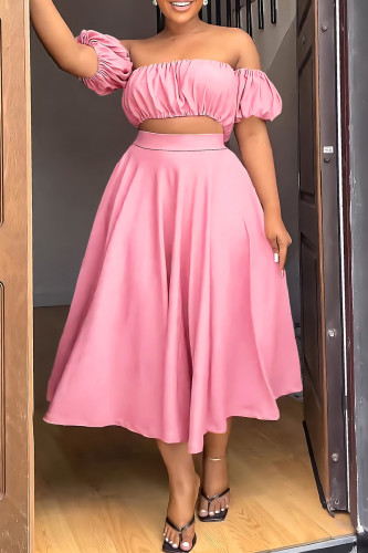 Pink Casual Solid Backless Off the Shoulder Short Sleeve Two Pieces