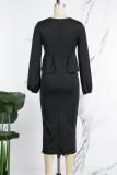 Svarta Casual Solid Patchwork Slit V-hals långärmade klänningar