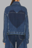 Синий повседневный цвет, однотонные полые пуговицы, металлические аксессуары, украшение, отложной воротник, обычная джинсовая куртка с длинными рукавами