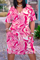 Roze casual print patchwork jurk met V-hals en korte mouwen