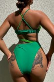 Green Sexy Patchwork Hollowed Out Backless Contrast Swimwears (With Paddings)