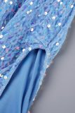 Blå sexiga solida paljetter Hög öppningsrem Design Spaghetti Strap Oregelbundna klänningar