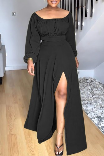Black Casual Solid Patchwork Slit O Neck Long Sleeve Two Pieces