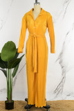 Yellow Casual Solid Patchwork Turndown Collar Regular Jumpsuits