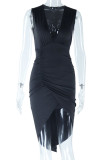 Zwarte sexy casual effen patchwork vouw v-hals mouwloze jurk
