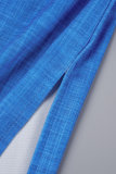 Azul Royal Casual Patchwork Estampado Ombro Manga Longa Duas Peças