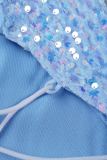 Blauwe sexy effen pailletten ontwerp met hoge opening, spaghettibandjes, onregelmatige jurkjurken