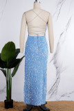 Azul Sexy Lantejoulas Sólidas Abertura Alta Design Alças Espaguete Vestidos Vestidos Irregulares
