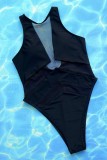 黒のセクシーなソリッドくり抜きパッチワーク シースルー バックレス水着 (パッド付き)