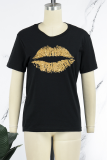Camisetas con cuello en O de patchwork con estampado de labios vintage negros