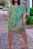Grön Casual Print Patchwork V-ringad kortärmad klänning