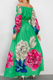 Groene vintage elegante print bloemen patchwork backless off-shoulder lange mouw tweedelig