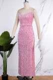 ピンクのセクシーな固体スパンコール高開口部ストラップデザインスパゲッティストラップ不規則なドレスドレス