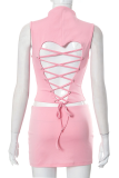 Pink Sexy Solid Patchwork Strap Design Half A Turtleneck Sleeveless Two Pieces