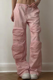 Розовые повседневные однотонные лоскутные прямые однотонные брюки с низкой талией