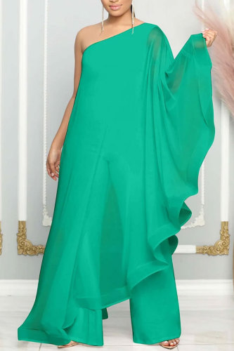 Green Casual Daily Elegant Patchwork Solid Color One Shoulder Regular Jumpsuits