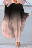 Robe longue plissée bordeaux décontractée à changement progressif imprimé col rond